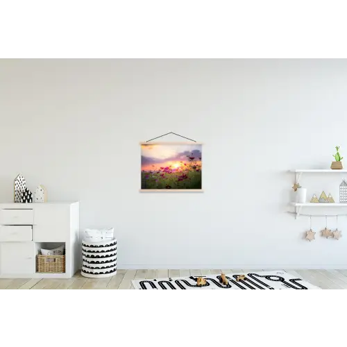 Bloemen - Roze - Zonsondergang - Natuur - Weide - Horizon textielposter latten blank klein -kinderkamer