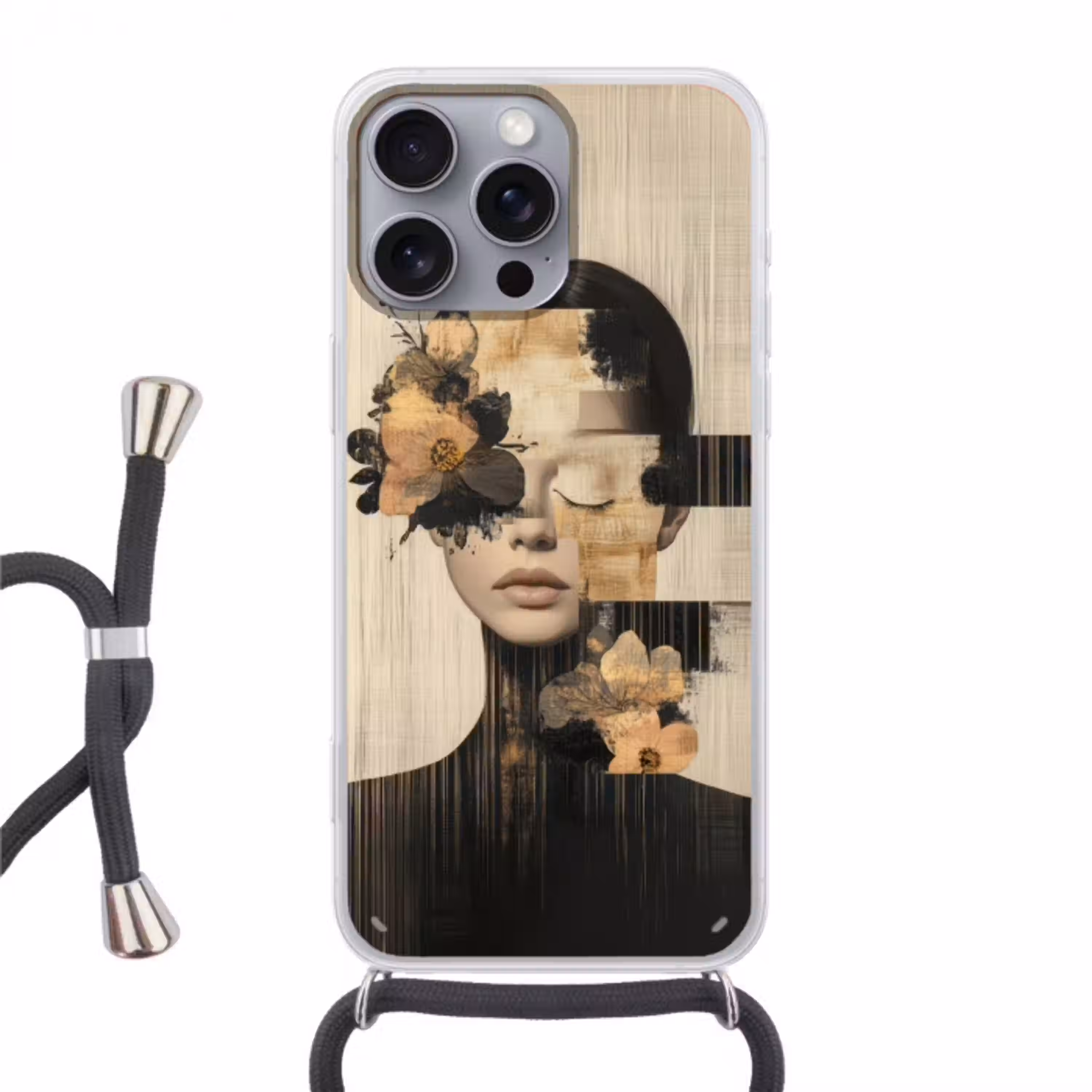 Gezicht - Bloemen - Zwart - Vrouw Hoesje iPhone 16 Pro Max met koord klein -3d