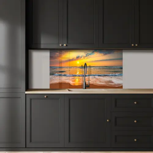 Zonsondergang - Strand - Zee - Wolken - Oranje keuken achterwand 2 middel -sfeer1