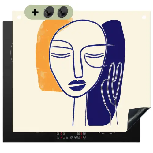 Minimalistisch - Gezicht - Hand - Oranje - Blauw Inductie beschemer met haakjes middel -3d