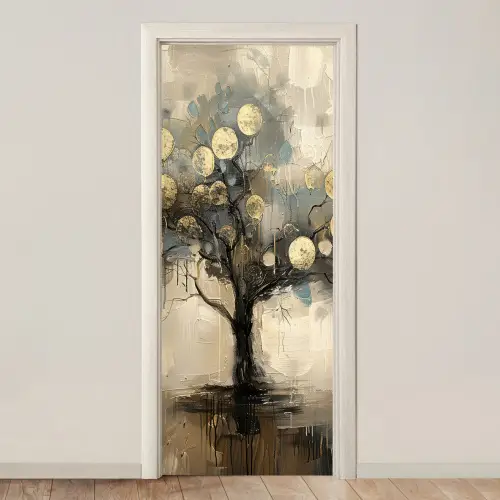 Beige - Abstract - Boom - Goud deurposter klein -3d_beige