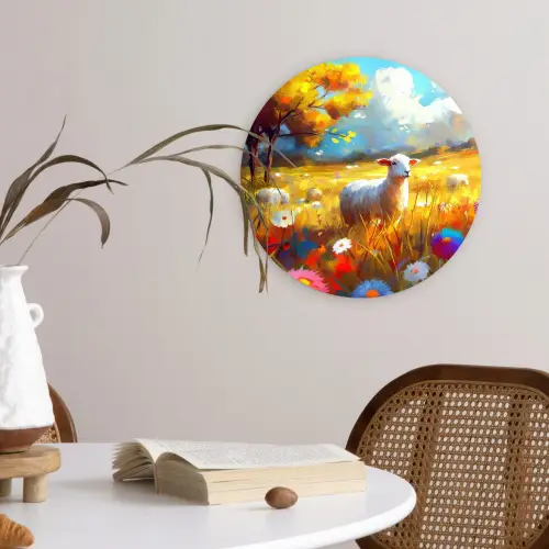 Schaap - Weide - Bloemen Wandcirkel kunststof plaat 5mm dik klein -sfeer4