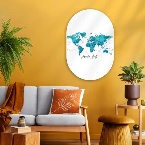 Wereldkaart - Blauw - Kleurrijk Wandcirkel Ovaal Glas middel -sfeer4
