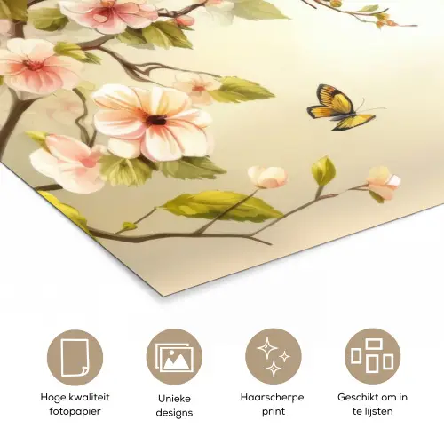 Takken - Bloemen - Vogeltjes - Roze poster papier klein -closeup_NL