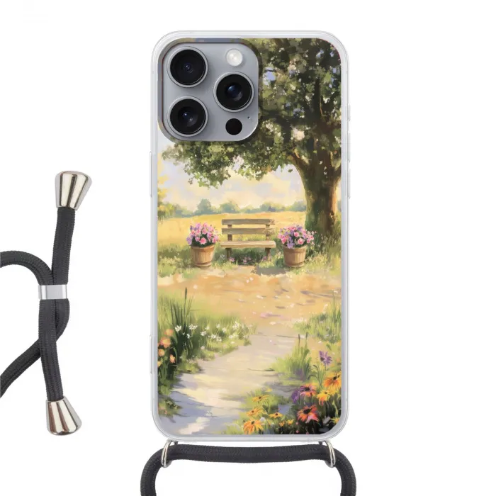 Houten bankje - Bloempotten - Landschap Hoesje iPhone 16 Pro Max met koord klein -3d