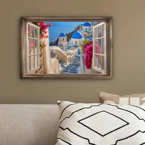 Doorkijk - Santorini - Landschap - Blauw - Grieks canvas 2cm klein -sfeer3