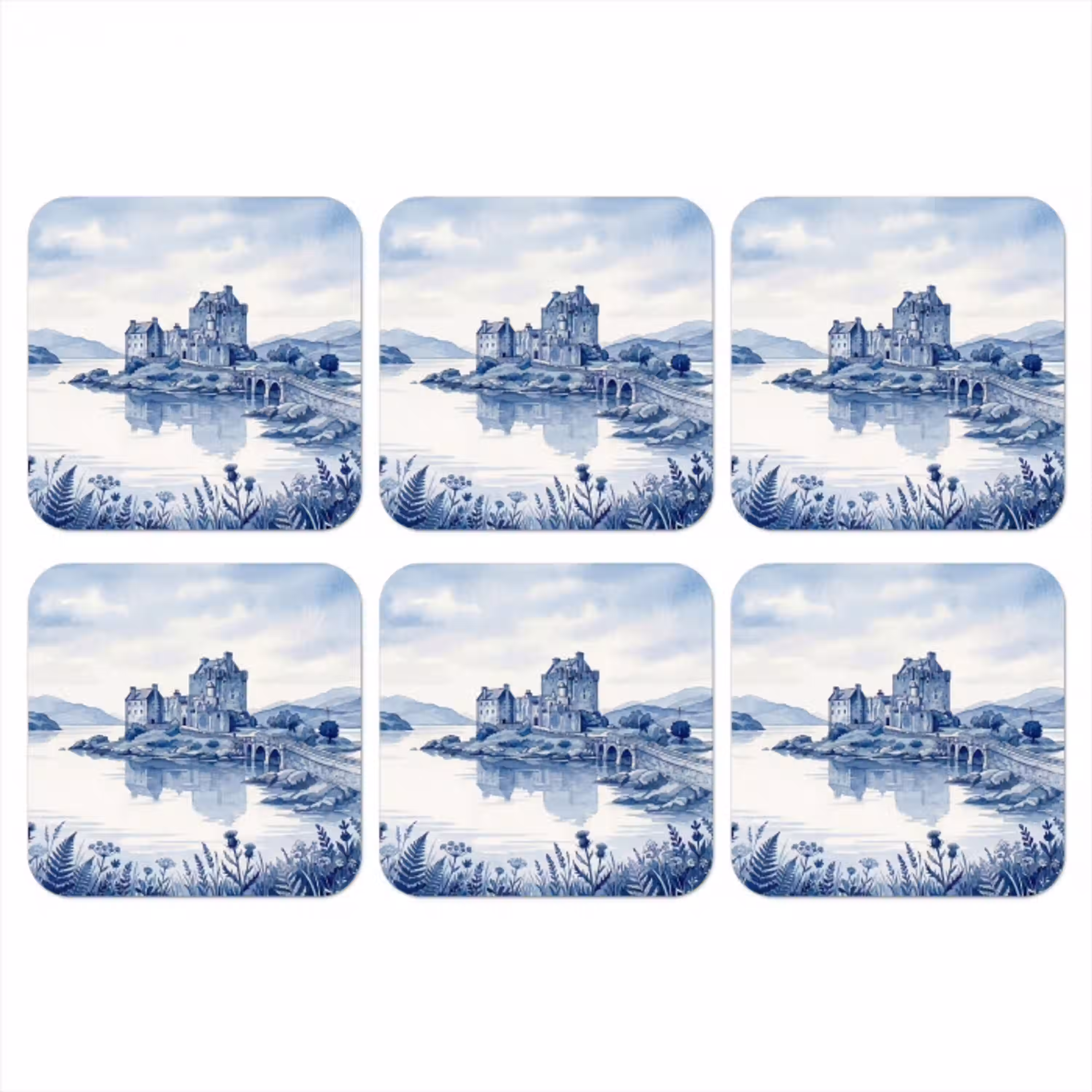 Schots - Kasteel - Blauw - Aquarel onderzetter kurk middel -3d