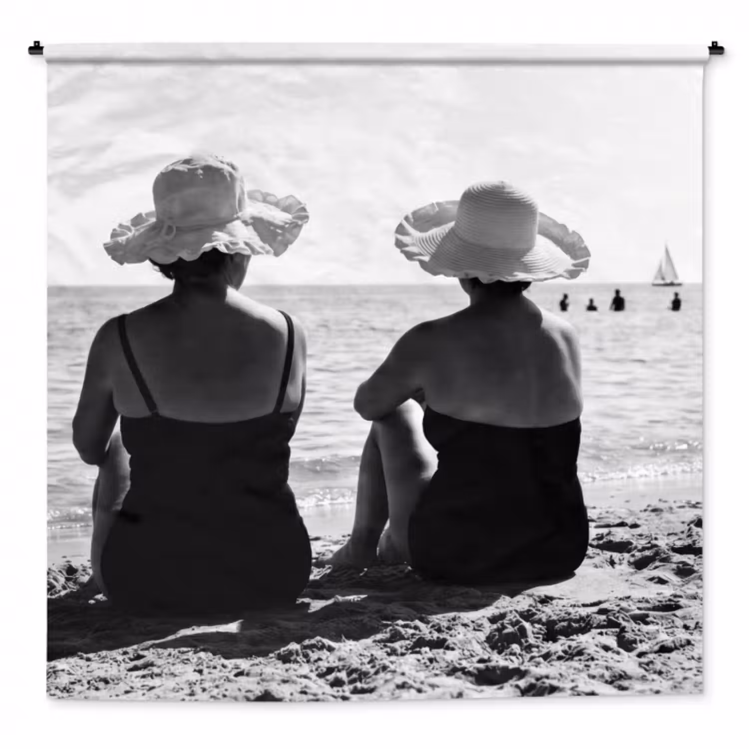 Wandteppich - Frauen - Sonnenhut - Strand - Schwarz - Weiß