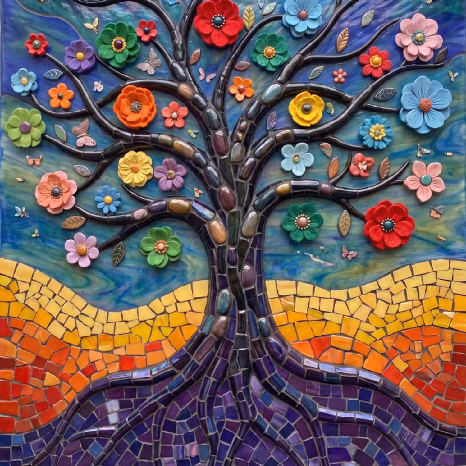 Behang - Levensboom - Mozaïek - Bloemen - Kleurrijk - Vrolijk
