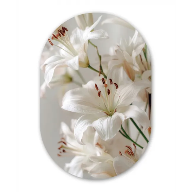 Lelies - Boekte - Wit - Meeldraden Wandcirkel Ovaal Glas middel -3d