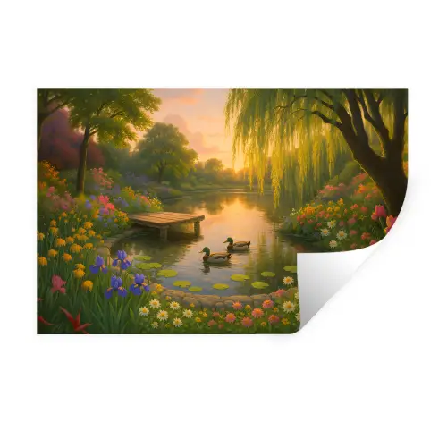 Eenden - Vijver - Bloemen Muursticker klein -3d