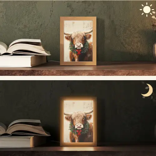 Kerst - Schotse Hooglander - Bruin - Krans Light Box met kabel (Tafellamp) klein -sfeer3