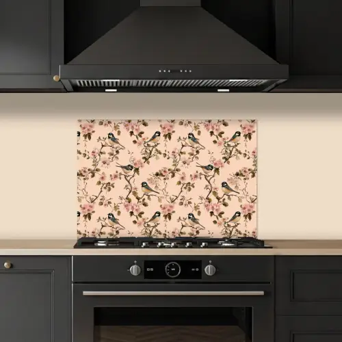 Bloesem - Koolmees - Roze keuken achterwand spatscherm klein 900 -sfeer1