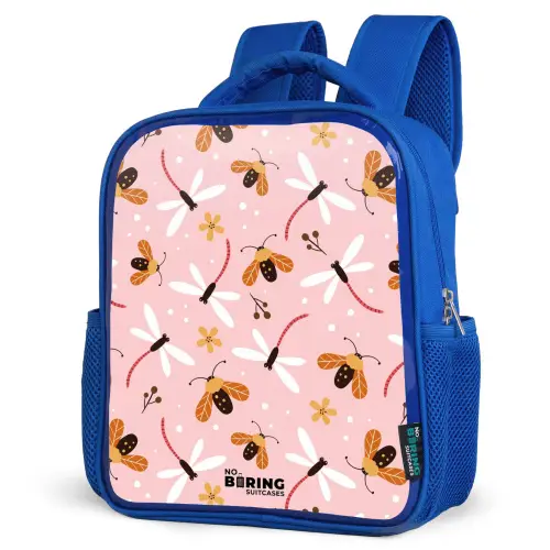 Lieveheersbeestjes en libellen op roze achtergrond Kinderrugzak - Blauw middel -schuin