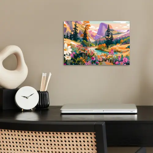 Rivier - Vallei vol bloemen - Levendig poster papier klein -sfeer1