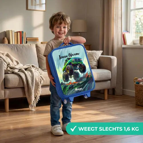 Groene Monstertruck met Penseelstreken Kinderkoffer - Blauw klein -sfeer2_NL