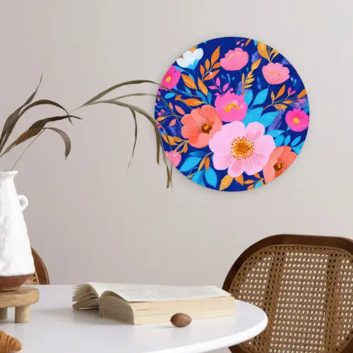 Bloemen - Blauw - Roze Wandcirkel plexiglas klein -sfeer4