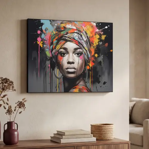 Vrouw - Hoofddoek - Graffiti - Zwart Textielframe zwart klein -sfeer3