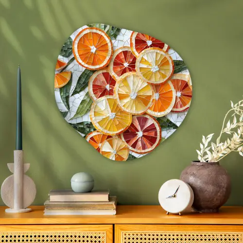 Schijfjes - Fruit - Oranje - Mozaïek Wandcirkel Organisch Aluminium middel -sfeer2