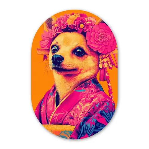 Kimono - Hondje - Bloemenkroon - Oranje Wandcirkel Ovaal Glas middel -3d