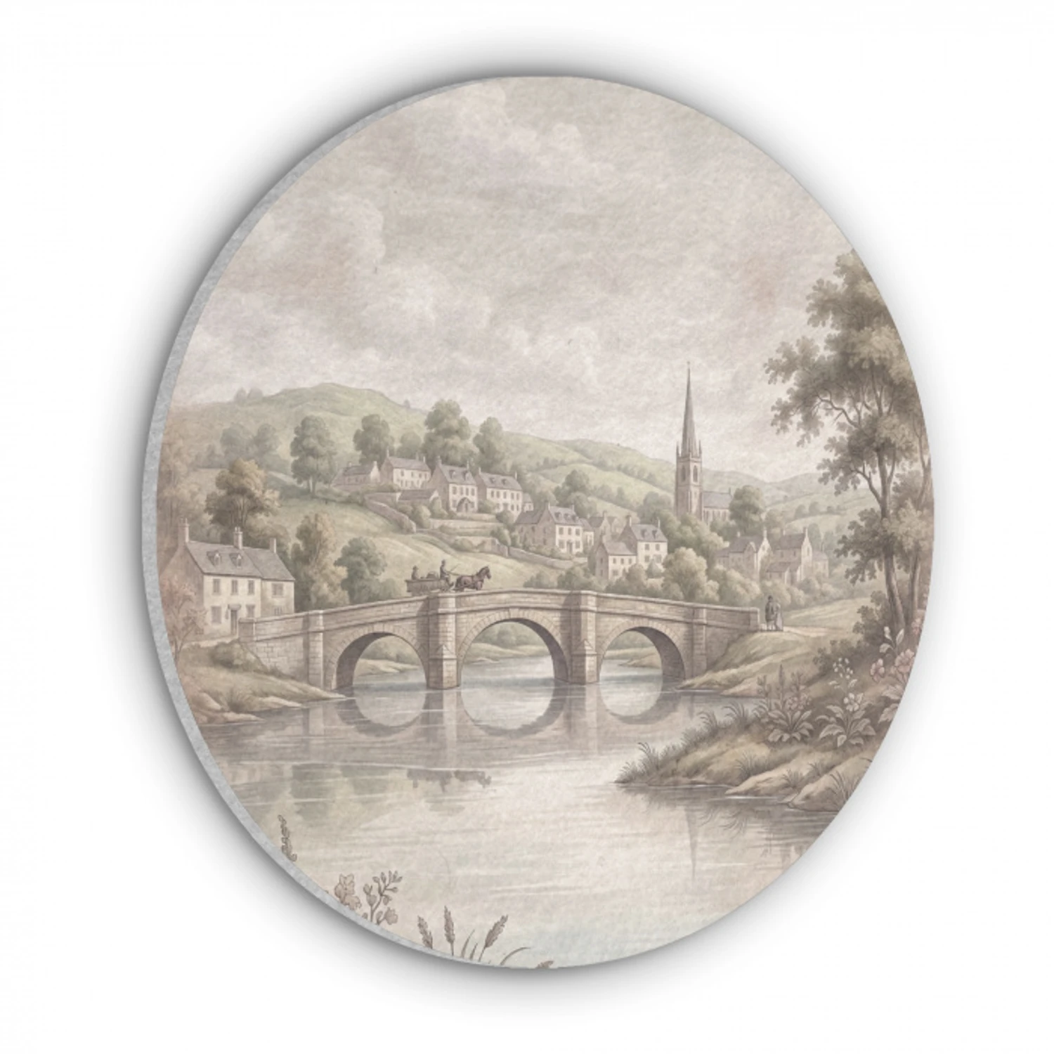 Dorp - Brug - Uitzicht - Groen Akoestische PET Vilt - Rond klein -3d