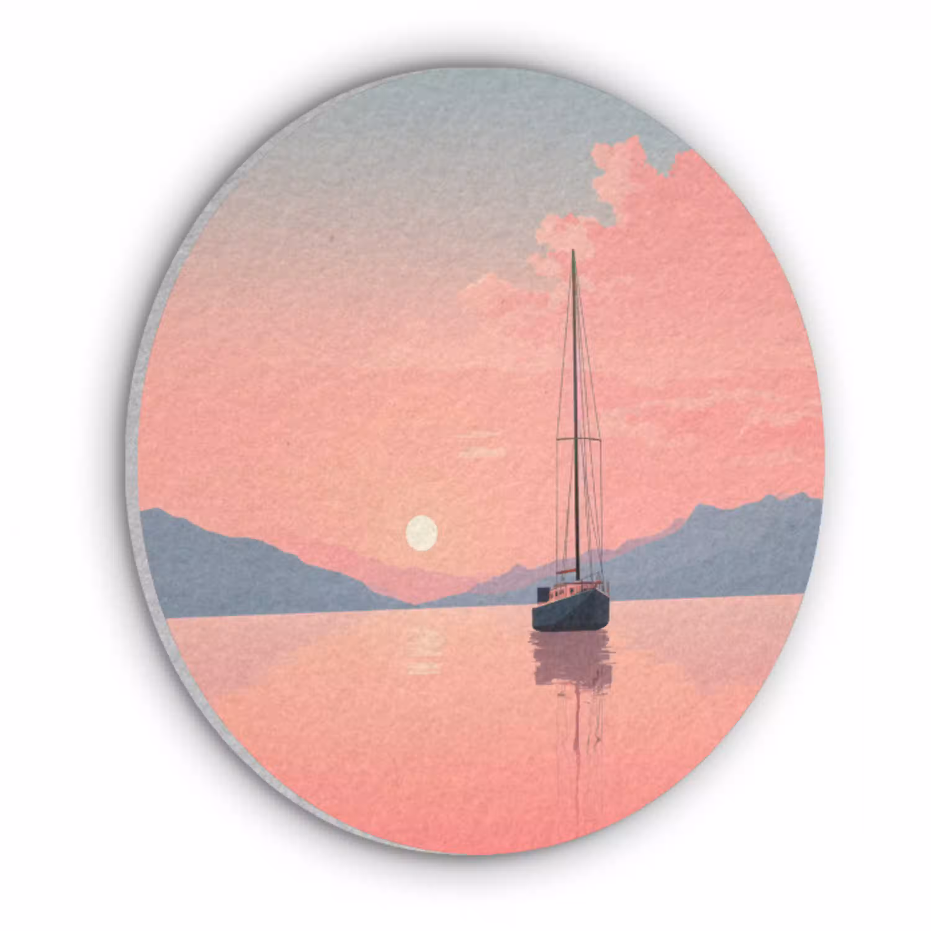 Zeilboot - Roze zee - Zonsondergang - Bergen Akoestische PET Vilt - Rond klein -3d