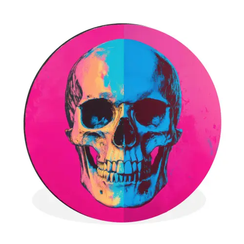 Neon - Blauw - Pop-art - Schedel Wandcirkel aluminium klein -3d