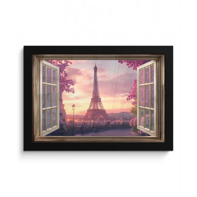 Doorkijk - Parijs - Eiffeltoren - Roze - Kersenbloesem fotolijst zwart zonder passe partout klein -3d