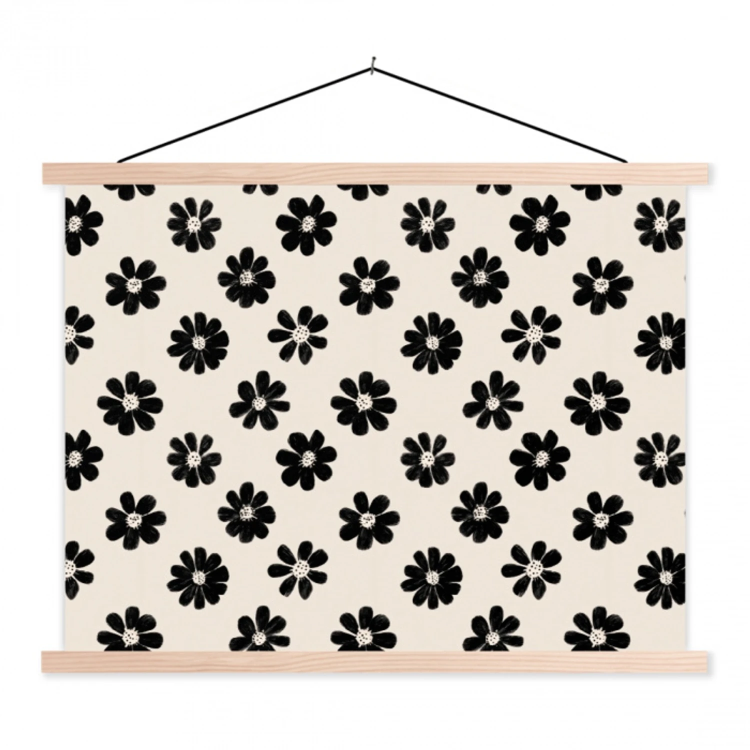 Grafisch - Madeliefjes - Zwart - Beige textielposter latten blank klein 122 -3d