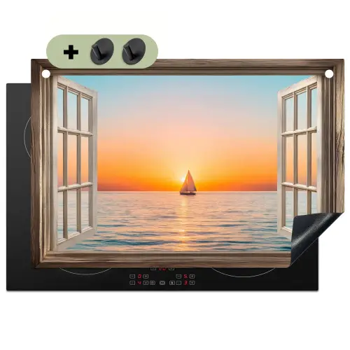 Doorkijk - Zee - Boot - Zonsondergang Inductie beschemer met haakjes klein -3d