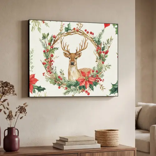 Kerstkrans - Hert - Hulst - Rood Textielframe zwart klein -sfeer3