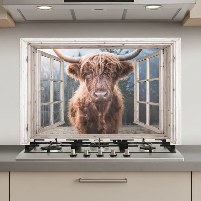 Schotse hooglander - Koe - Berg - Doorkijk keuken achterwand spatscherm klein -3d_website