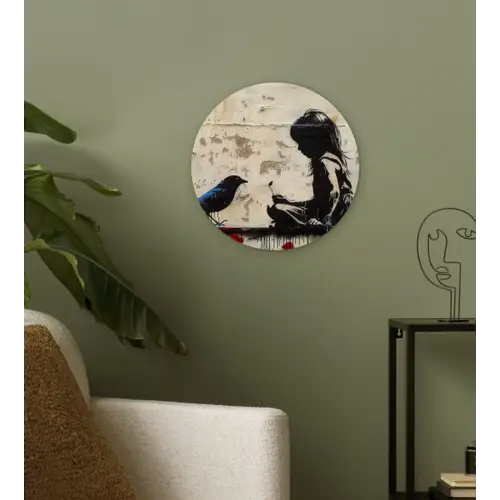 Street art - Meisje - Vogel - Graffiti - Banksy Wandcirkel kunststof plaat 5mm dik klein -sfeer3