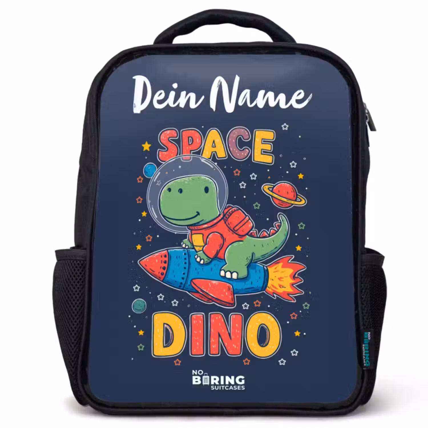 Kinderrucksack mit Namen - Schwarz - Dinosaurier - Grün - Rakete - Sternenhimmel