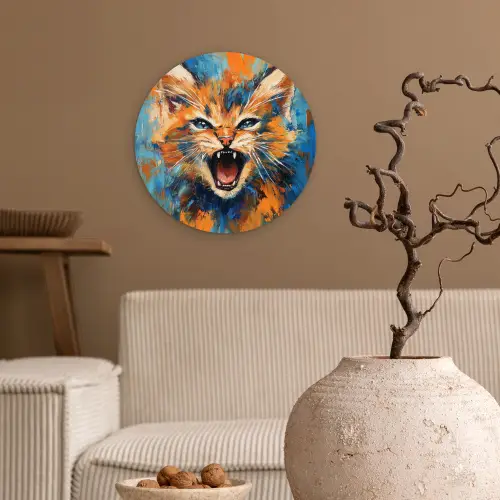 Kat - Kleurrijk - Oranje - Blauw Wandcirkel kunststof plaat 5mm dik klein -sfeer1