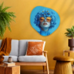 Vrouw - Bloem - Blauw - Modern - Bril - Portret Wandcirkel Organisch Plexiglas middel -sfeer4