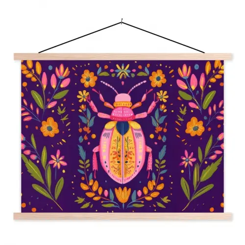 Kever - Felgekleurd - Bloemen - Bladeren textielposter latten blank klein -3d
