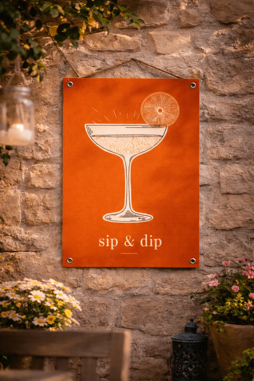 tuinposter ophangen stenen muur cocktail