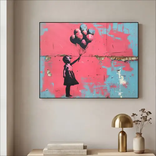 Graffiti - Meisje - Ballon - Roze - Blauw - Street art Textielframe zwart klein -sfeer2