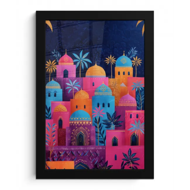 Kleurrijke gebouwen - Avondlicht - Palmbomen fotolijst zwart zonder passe partout klein -3d