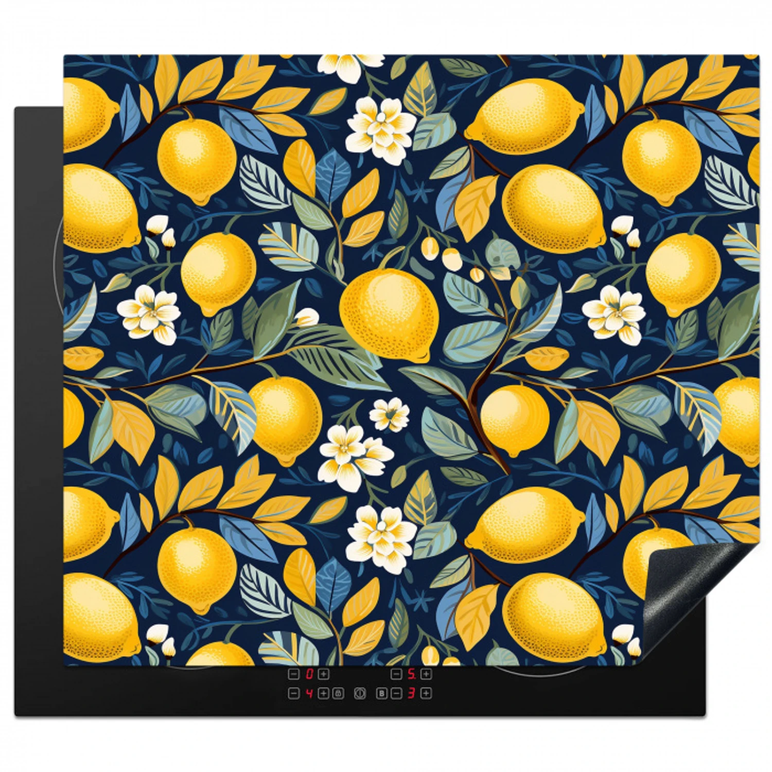Citroenen - Bloemen - Bladeren - Blauw Inductie beschermer vinyl 3mm middel 274 -3d