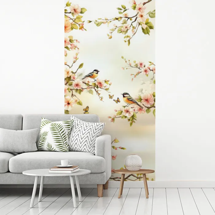 Takken - Bloemen - Vogeltjes - Roze fotobehang vinyl groot -woonkamer