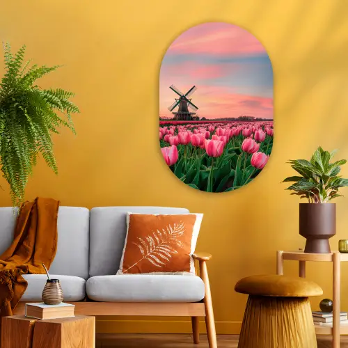 Tulpen - Molen - Nederland Wandcirkel Ovaal Glas middel -sfeer4
