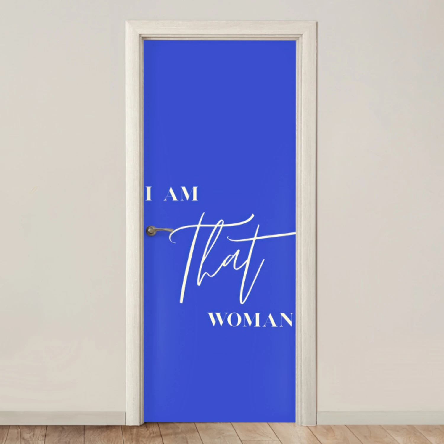 Blauw - I am that woman - Sierlijk - Minimalistisch deurposter klein -3d_beige