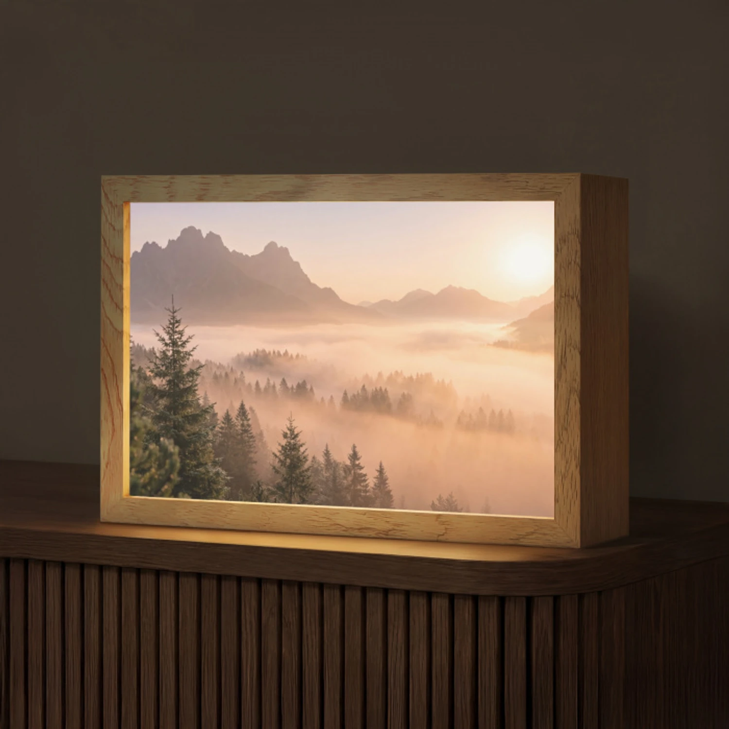 Zonlicht - Mist - Bergen - Bomen Light Box met kabel (Tafellamp) klein -z3d_website