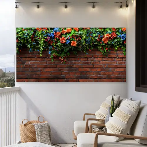 Bloemen - Muur - Groen - Oranje Tuinposter op houten frame 2 cm dik xxl -sfeer1
