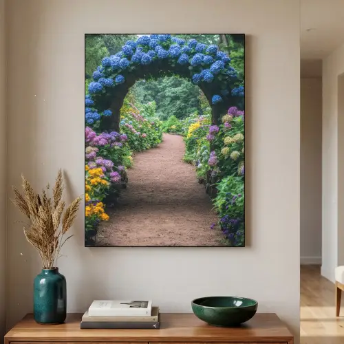 Doorkijk - Bloemen - Hortensia - Pad Textielframe zwart klein -sfeer1