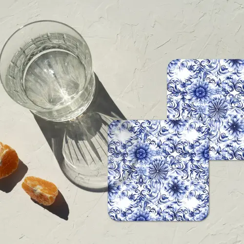 Bloemen - Blauw - Patroon - Wit onderzetter kurk middel 366 -sfeer4