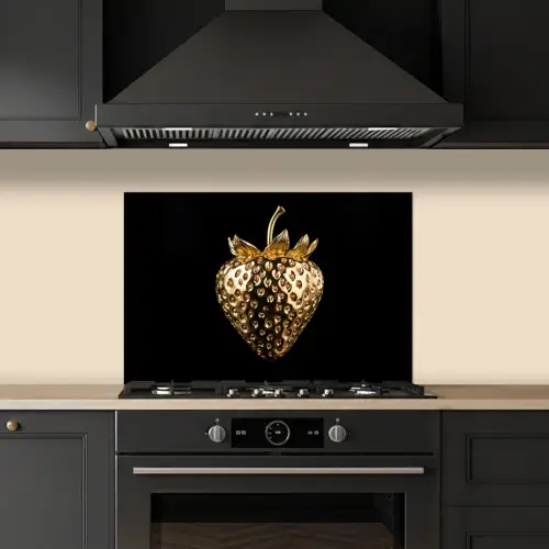Aardbei - Goud - Zwart - Chrome keuken achterwand spatscherm klein -sfeer1