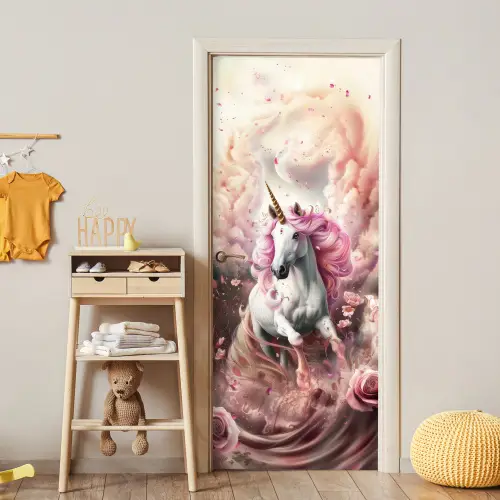Eenhoorn - Meisje - Roze - Bloemen - Sprookje deurposter klein -sfeer4